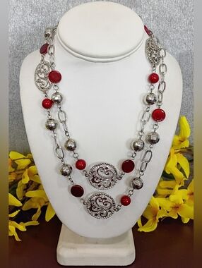 Vintage Silver And Red Bead Necklace